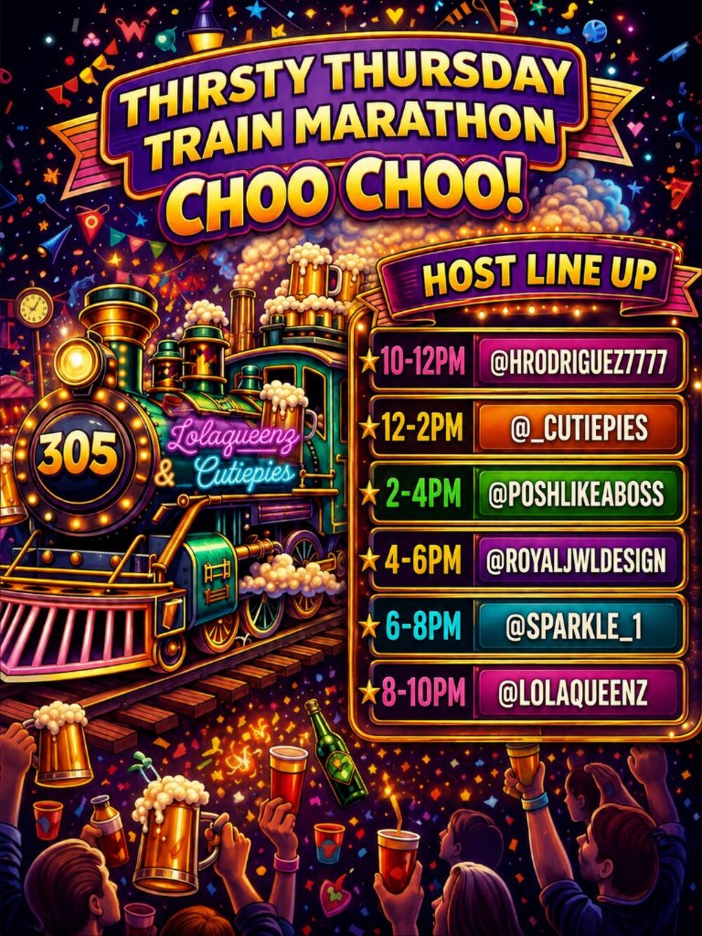 Thirsty Thursdays Train🚂Marathon CHOO CHOO 
I’m Live Now🦄Join Us